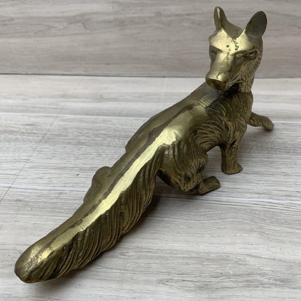 Vintage 1950s Heavy Brass Casting Fox Statue Figurine Sculpture Office Decor MCM